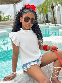 SLAYR KIDS Tween Girl Holidaya Mock Neck Lettuce Trim Ruffle Blouse - White - View 1