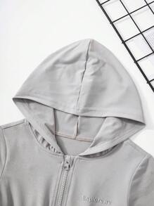Young Girl Letter Print Short Sleeve Zip Placket Hooded Casual Jumpsuit - Grey - View 7