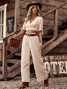 LanaWest Country Music Festival Women's Vacation Shirred Top + Wide Leg Shirred Pants Bohemian Set - Apricot - View 3