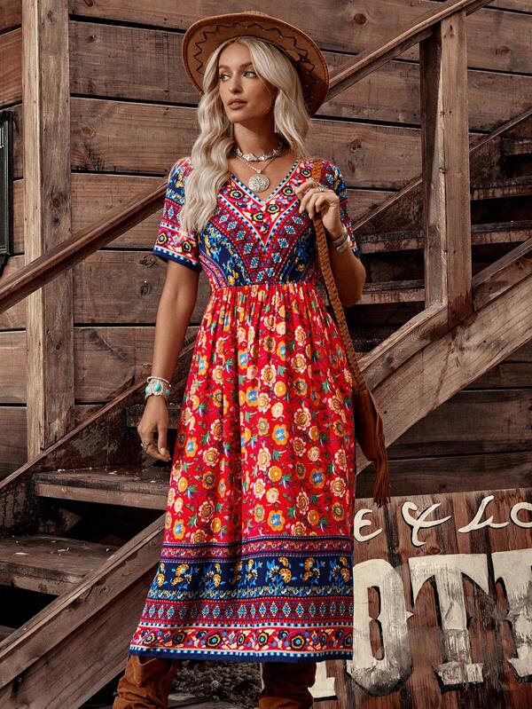 LanaWest Rochie midi cu mânecă scurtă, cu decolteu în V, imprimată în stil boho, pentru femei
