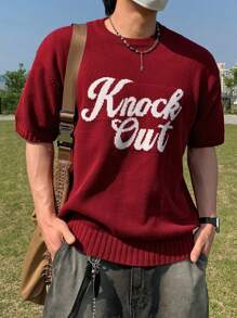 DAZY Summer Men's Red Printed Letter Knit Sweater Business Attire - Hot Pink - View 4