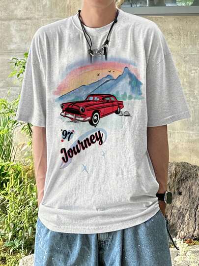 DAZY Men's Letter Print Gray Race Car Style T-Shirt, Summer,Graphic Tees