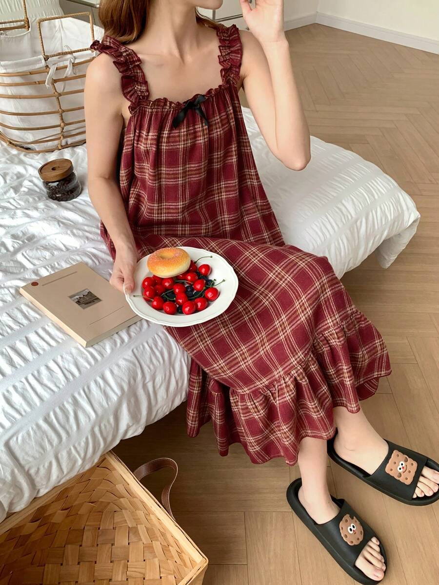 DAZY Plaid Ruffled Hem Slip Dress With Bow Decor, Back To School Clothes Pajama, Moo Moo - Yellow - View 1