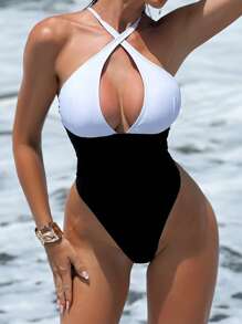 Swim SXY Fato de Banho de uma peça com alças finas de cor sólida, preto e branco, corte alto, trajes de praia e verão para mulheres - Preto e Branco - Ver 3