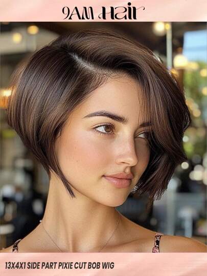 短直鲍勃精灵短发人发假发 #2 深巧克力色 13x4x1 蕾丝前部自然发际线预拔侧分蕾丝前部 150% 密度人发假发适合女性日常使用