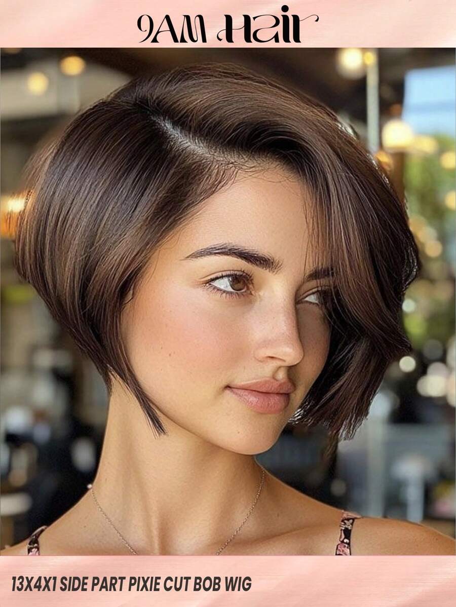 短直鲍勃精灵短发人发假发 #2 深巧克力色 13x4x1 蕾丝前部自然发际线预拔侧分蕾丝前部 150% 密度人发假发适合女性日常使用