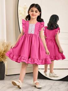 SHEIN Leap Crew Young Girl's Fashionable Woven Solid Color Round Neck Ruffle Hem Fitted Dress - Hot Pink - View 3