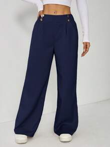 SHEIN PETITE Women's Elegant Double Button Straight Office Pants