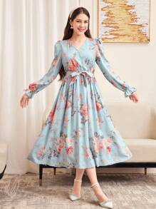 SHEIN Vestido com Decote em V, Manga Babado e Estampa Floral Miúda para Adolescentes