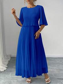 SHEIN Elenzya Plus Size Solid Color Elegant Lady-Like Chiffon Pleated Dress, Spring/Summer - Royal Blue - View 5