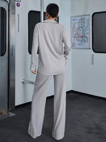 ZIRRA 3pcs Women's Casual Commuter Solid Color Shirt And Pants Set - Grey - View 2