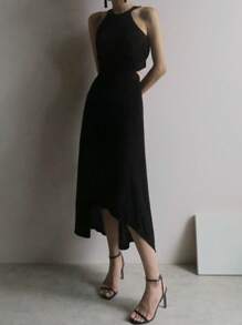 DAZY 女式不对称下摆收腰中长连衣裙优雅太阳裙 - 黑色 - 查看 1