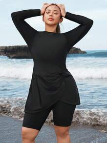SHEIN Bộ đồ bơi Burkini dài tay màu trơn cỡ lớn và quần short, tối giản và thời trang cho mùa hè - màu đen - Xem 1