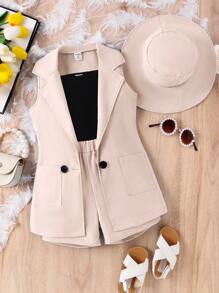 SHEIN Elladie kids 3 件套年轻女孩商务套装：黑色针织罗纹吊带背心上衣、背心夹克、短裤 + 帽子，儿童办公室通勤装 - 卡其色 - 查看 7