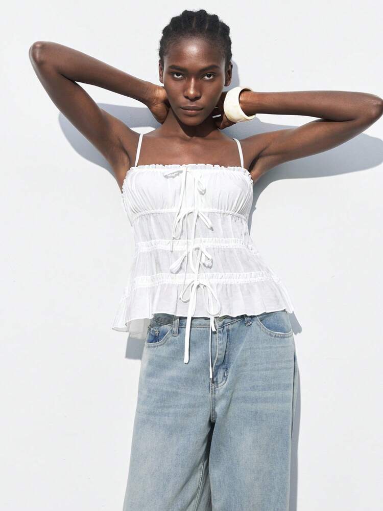 SHEIN Maija 2025 Spring-Summer New Arrival Pleated Tie-Up Design Spaghetti Strap Casual Fashionable Vacation Comfortable Women Tops, Suitable For Music Festival, Beach, Daily, Casual, Romantic City Vacation, Suitable For Outings, Gatherings, Weddings, Guest Attire, Midsummer Wind, Graduation Season Easter Off The Shoulder Top Cute Summer Tops