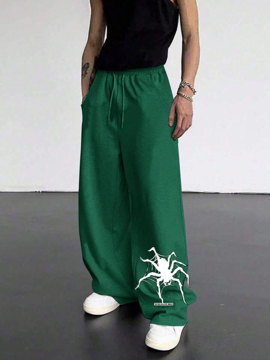 Manfinity VCAY Men's Knit Spider Print Straight Leg Casual Pants, Long Length - Green - View 1