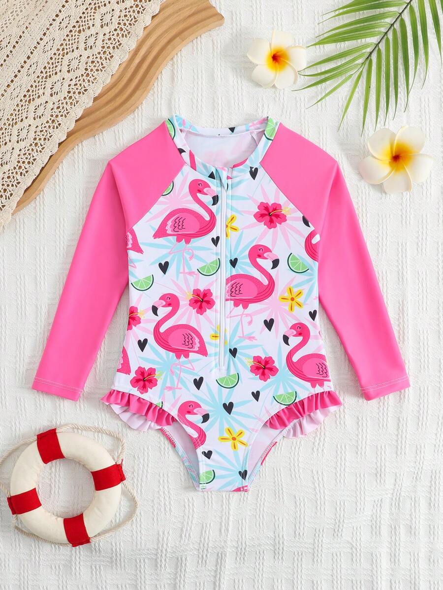 Young Girl Flamingo Print Raglan Long Sleeve Ruffled One-Piece Swimsuit - Multicolor - View 1