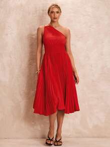 Glamine 女士优雅红色单肩褶皱不对称 A 字形连衣裙，夏季 - 紅色 - 查看 1