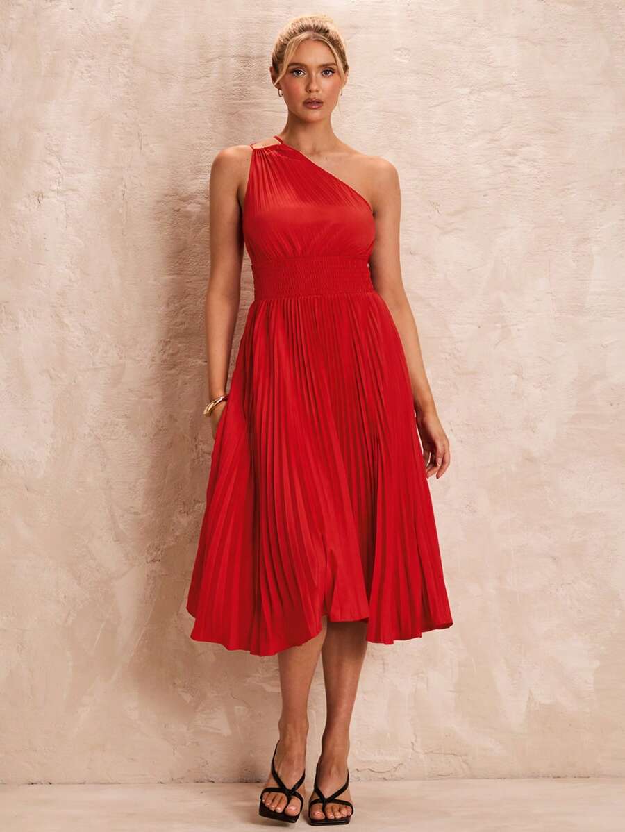 Glamine 女士优雅红色单肩褶皱不对称 A 字形连衣裙，夏季 - 紅色 - 查看 1