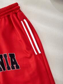 SHEIN Explorewe 1 件青少年休闲短款篮球字母印花宽松运动半短裤 - 紅色 - 查看 5