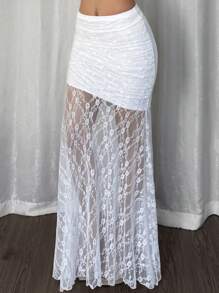 Firerie 女士白色蕾丝不对称下摆高腰半身裙，适合通勤/优雅/性感/度假/海滩/浪漫/约会/情人节/婚礼季演唱会狂欢女裙 - 白色 - 查看 8