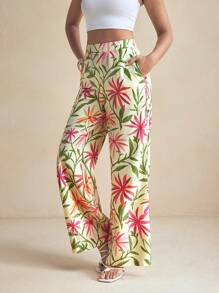 Miriam Omar Pantalons longs large à motif floral coloré pour le printemps, tenue de vacances d'été décontractée pour femmes