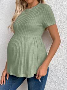 SHEIN 孕妇圆领短袖荷叶边下摆罗纹休闲 T 恤 - 綠色 - 查看 5