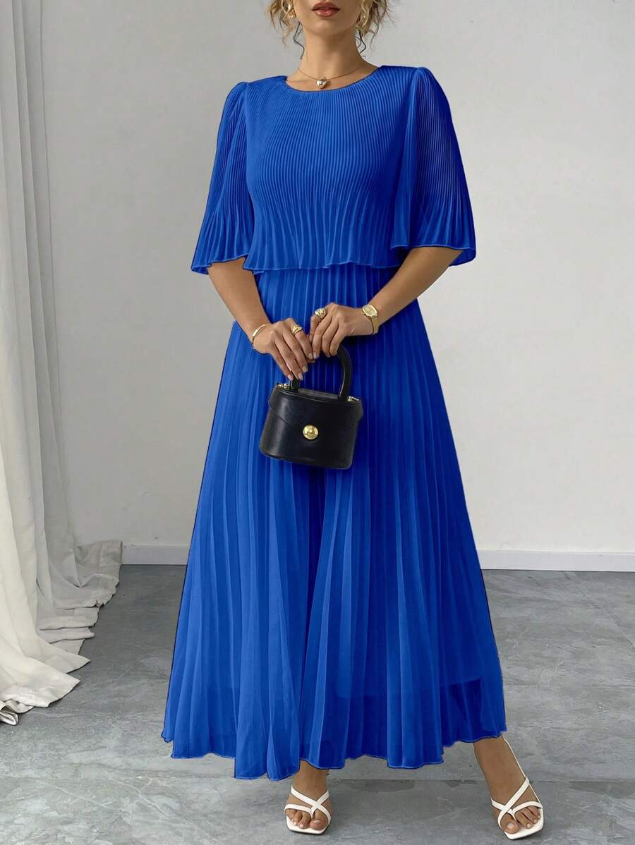 SHEIN Elenzya Plus Size Solid Color Elegant Lady-Like Chiffon Pleated Dress, Spring/Summer - Royal Blue - View 1