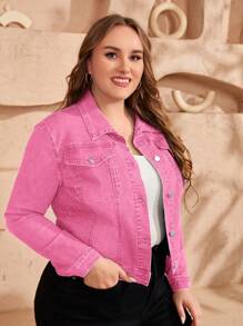 EMERY ROSE Plus Size Women's Casual Denim Jacket With Single-Breasted, Spring - Pink - View 5