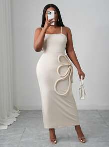 Slaydiva Abito bianco midi dalla vestibilità aderente, con applicazioni floreali, elegante, adatto a feste e appuntamenti, collezione primavera/estate 2025, taglie comode