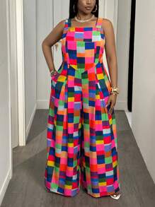 Slaydiva 大码女士休闲甜美格子印花系带阔腿连体裤，适合外出、日常穿着和浪漫