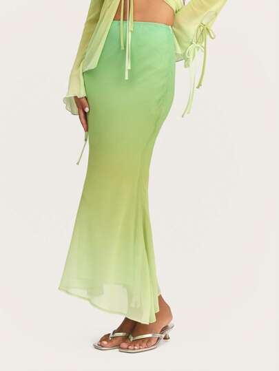 Nöista Pastel Green Gradient Chiffon Long Skirt With A Fitted Silhouette That Flares Into A Bell Hem. Pair With The Matching Blouse For A Chic, Coordinated Look, Perfect For Brides, Easter, And Spring-Summer Occasions.