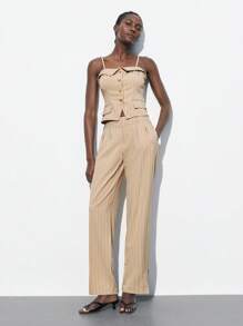 Maija 2025 New Women Chic Khaki Striped Pants,Autumn Office Casual Comfortable Fashion Beige Trousers,Music Festival Beach Vacation Urban Resort - Khaki - View 1