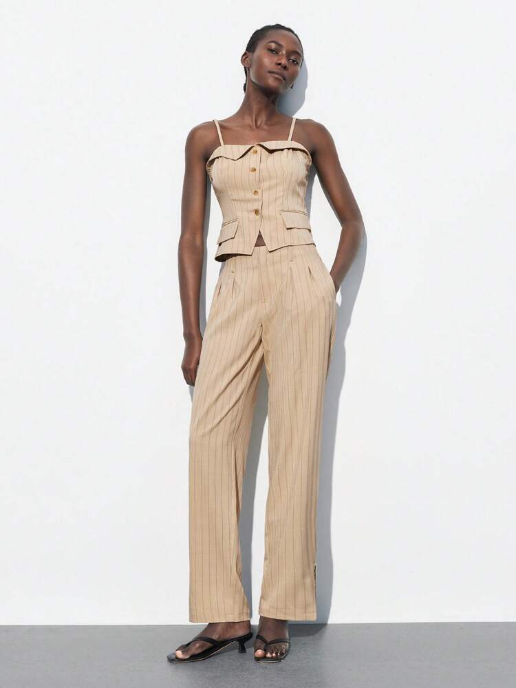 SHEIN Maija 2025년 봄/여름 신상 캐주얼 패션 편안한 여성 베이지 스트라이프 바지, 음악 축제 해변 휴가 일상 캐주얼 로맨틱 어반 리조트, 야외 활동, 파티, 결혼식, 졸업 스타일에 적합