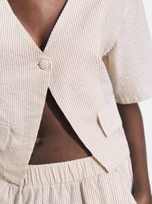 Maija Women's Khaki & White Striped V-Neck Spring/Summer Casual Loose Fitting V-Neck Raglan Sleeve Buttoned Blouse And High Waist Elastic Waist Pocket Palazzo Pants Beach/Business/Casual/Workout 2 Pieces Outfit, Versatile Timeless Classic - Multicolor - View 1