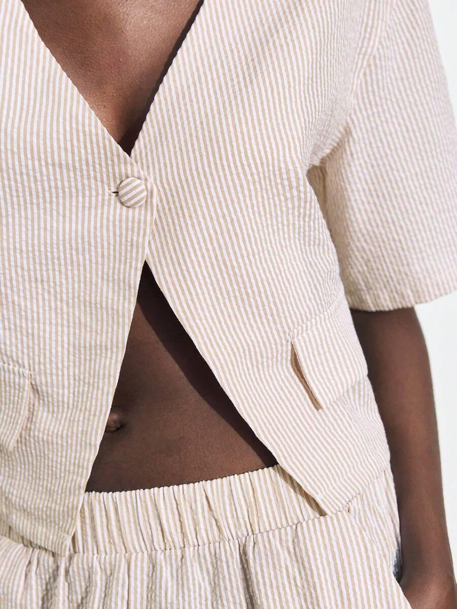 Maija Women's Khaki & White Striped V-Neck Spring/Summer Casual Loose Fitting V-Neck Raglan Sleeve Buttoned Blouse And High Waist Elastic Waist Pocket Palazzo Pants Beach/Business/Casual/Workout 2 Pieces Outfit, Versatile Timeless Classic - Multicolor - View 1