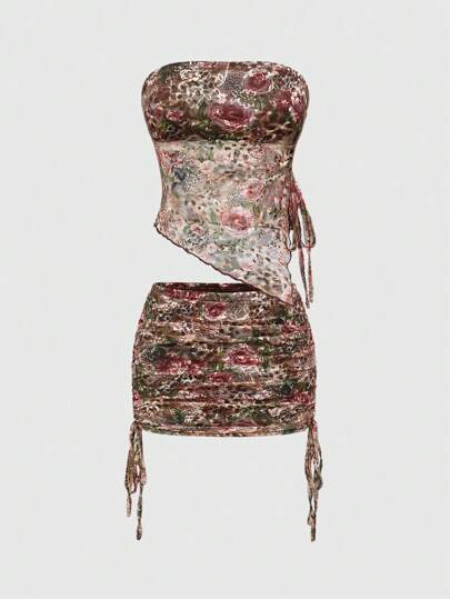 2pcs/Set Women Hippie Style Lace Print Bustier Crop Top And Side Drawstring Bodycon Mini Skirt Set