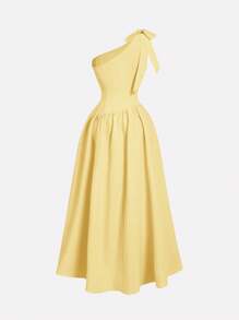 SHEIN MOD 不对称肩带蝴蝶结装饰黄色连衣裙，适合度假、休闲装、婚礼季节 - 黃色 - 查看 2