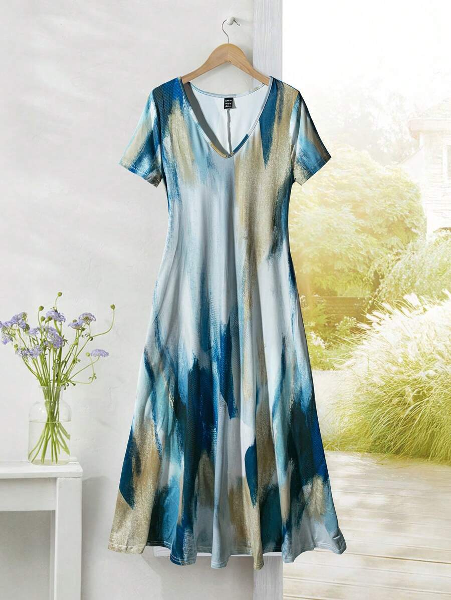Rusticease Women's Elegant Abstract Tie Dye Pattern Long Knitted Dress With Pockets