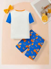 Blippi X SHEIN Young Boy Cartoon Graphic Colorblock Snug Fit Blue & Orange Top & Shorts Pajama Two Pieces Outfit - Blue and White - View 2