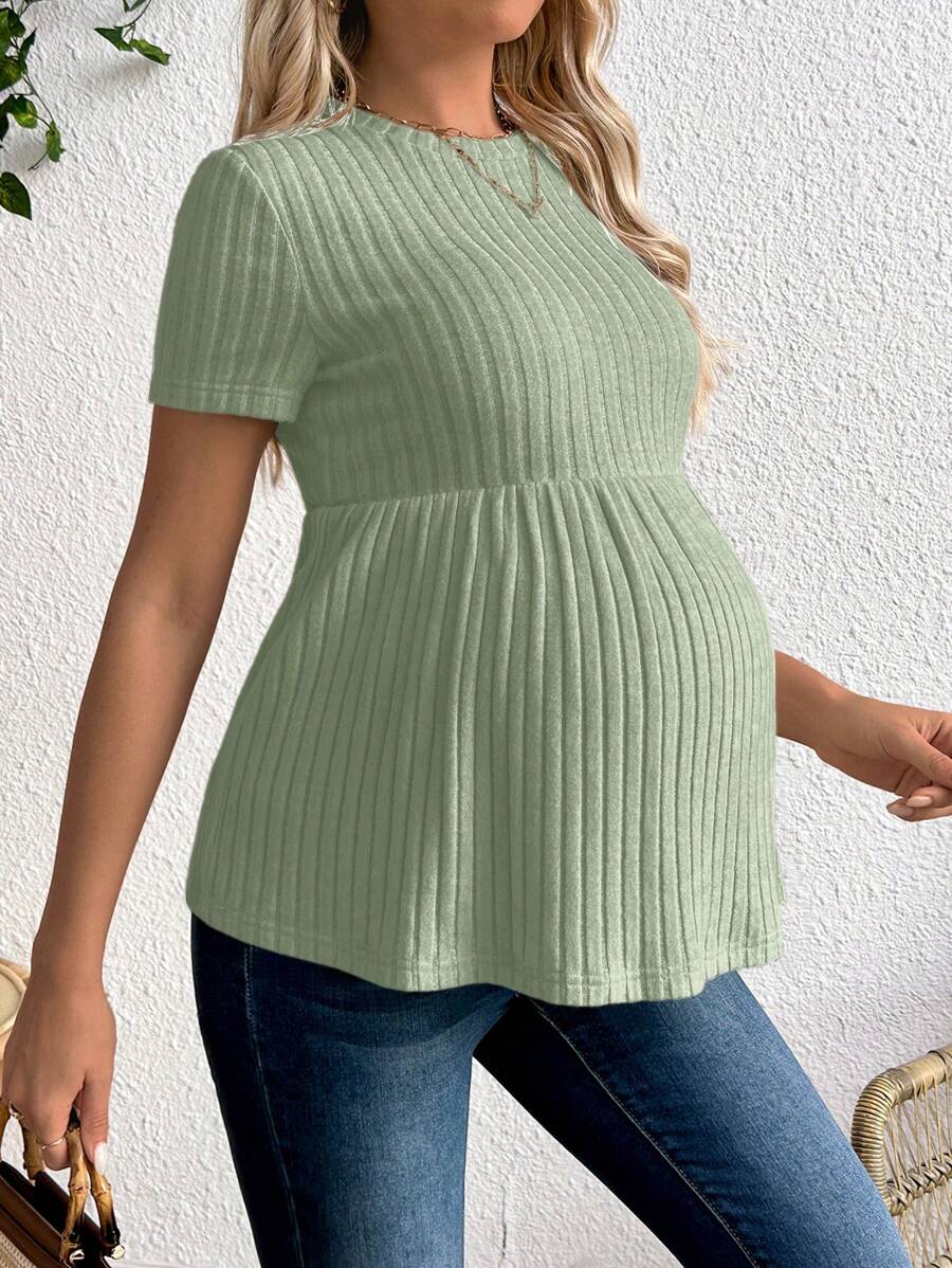 SHEIN 孕妇圆领短袖荷叶边下摆罗纹休闲 T 恤 - 綠色 - 查看 1
