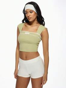 MISSGUIDED MSGD Square Neck Cap Sleeve Crop Top Athletic Workout Summer Yoga Dance Studio Practice Performance Basic Training Fitted Tank Christmas - Green - View 4
