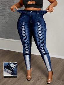 Slaydiva Plus Size Simple Pattern Print Leggings, Casual Wear For Autumn & Winter Suitable For Going Out