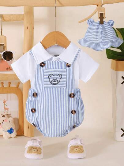 SHEIN 3pcs/Set Newborn Baby Boys' Casual White Knitted Contrast Collar Short Sleeve Casual Shirt & Bear Embroidered Striped Overall & Striped Buttoned Hat, Comfortable, Fashionable, Simple, Practical, Versatile, Cute Summer