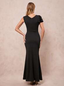 SHEIN Clasi Wedding Guest Dress Women,Elegant Women's Black Exaggerated Ruffle Sleeves Asymmetrical Collar, Cinched Waist, Fish Tail Swing Long Dress, Suitable For Parties, Weddings, Etc - Black - View 4