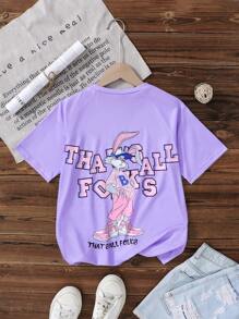 SHEIN Tween Girl Spring/Summer T-Shirt, Short Sleeve Loose Tee, Lavender Color, Cute Style, Casual & Comfortable, Minimalist Design, Funny Digital Printing "That's All Folks" On Front, Rabbit Graphic With Pockets And Expression On Back, Matching Family/Sister Wear