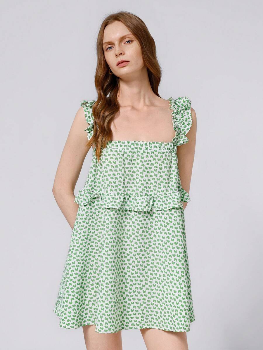 SHEIN Unity 随机碎花女式夏季休闲度假风格自然清新绿色花卉荷叶边无袖短款背心裙 - 綠色 - 查看 1