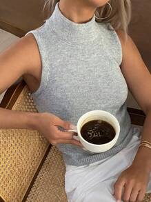 DAZY Top de punto de ajuste ceñido sin mangas de cuello alto de unicolor casual, verano