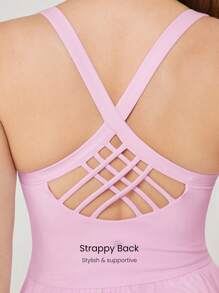 GLOWMODE Sweat-Wicking Quick-Dry Peekaboo Built-In Cups A-Line Crossover Back Mini Dress With Built-In Shorts Side Pockets Non-Slip Grips Tennis Golf Gym Daily Casual - Bubblegum Pink - View 6