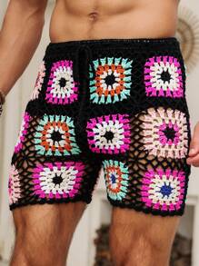 Manfinity RSRT Men's Holiday Floral Crochet Waist Tie Shorts,Men Swim Trunks